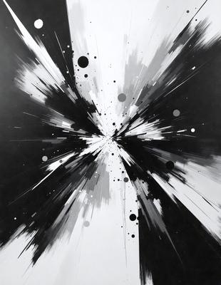 The primary subject of the image is a black and white painting featuring a white circle in the center. The setting is a black background, and the visual style appears to be a combination of a photo and a painting. The colors and mood of the painting are predominantly black and white, creating a sense of depth and contrast.